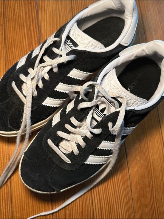 adidas Gazelle Black & White Suede Sneakers with Gold Accents - Picture 3 of 8